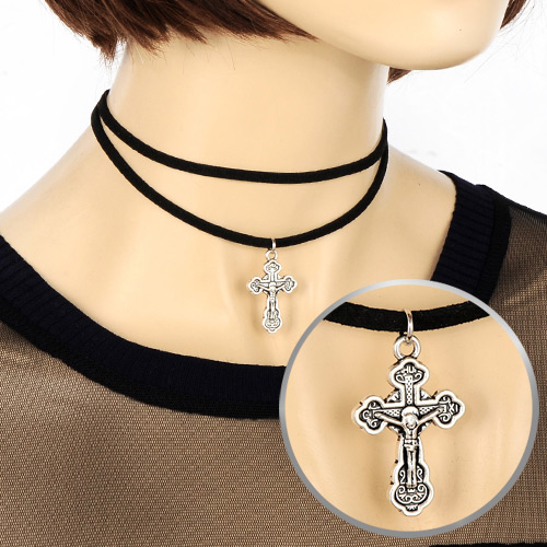 Elegant Black Cross Shape Pendant Decorated Double Layer Chains Choker