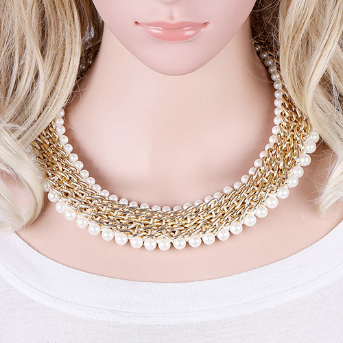Vintage Gold Color+white Pearls Decorated Hand-woven Simple Collarbone Necklace