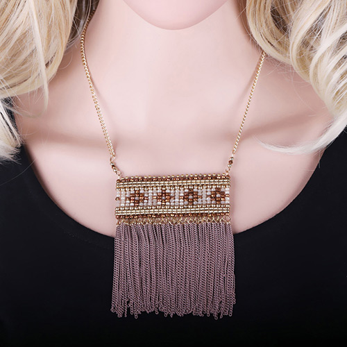 Exaggerated Coffee Long Tassel Pendant Decorated Square Shape Design Simple Necklace
