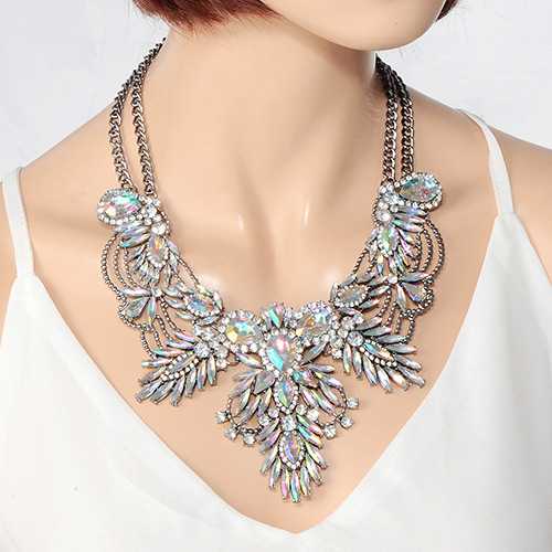 Fashion Multi-color Water Drop Shape Diamond Decorated Double Layer Irregular Shape Necklace