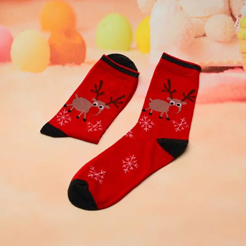 Fashion Black+red Deer&snowflake Pattern Decorated Color Matching Sock
