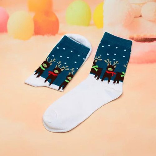 Fashion White+dark Blue Deer&dots Pattern Decorated Color Matching Sock