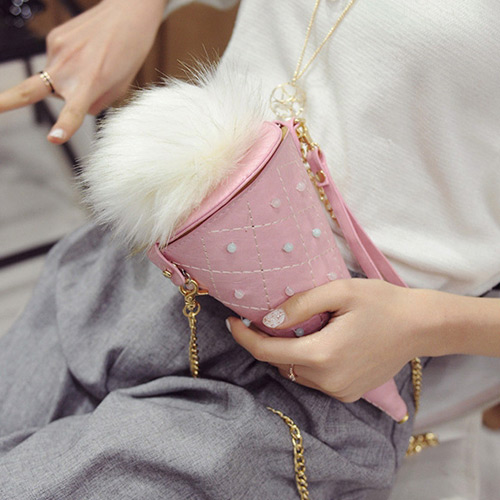 Fashion Pink Fuzzy Ball Decorated Ice Cream Shape Bag