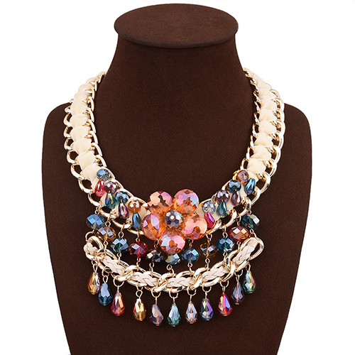 Exaggerate White+multi Color Flower Decorated Multilayer Design Hand-woven Necklace