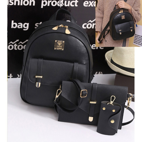 Cute Black Rivet&buckle Decorated Pure Color Bag Sets(4pcs)