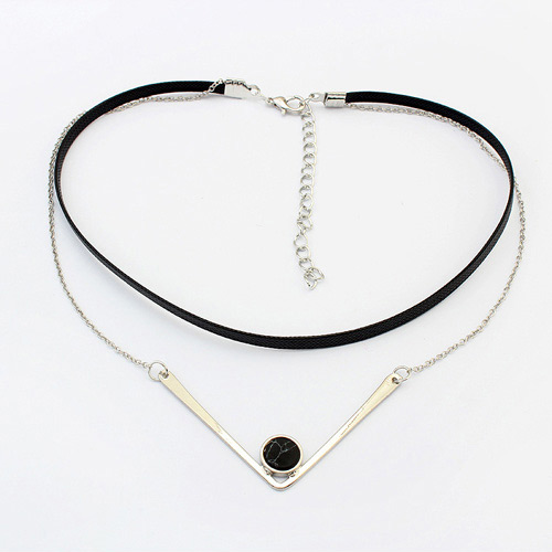 Fashion Silver Color+black Round Shape Decorated Double Layer Simple Choker