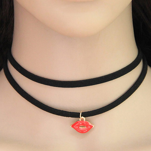 Trendy Red+gold Color Lip Pendant Decorated Double Layer Simple Choker