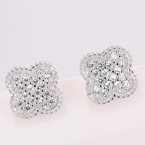 Sweet Silver Color Round Shape Diamond Decorated Clover Shape Earrings