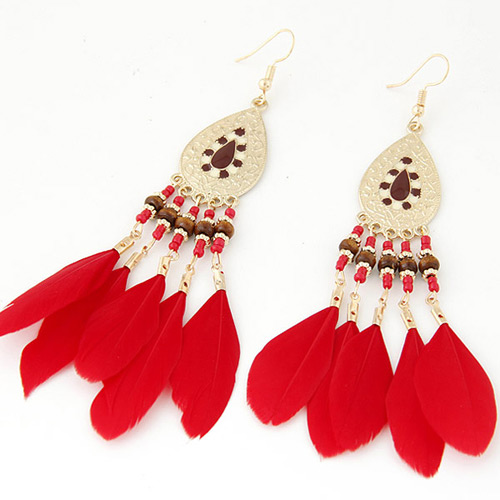 Elegant Red Feather Tassel Pendant Decorated Waterdrop Earring