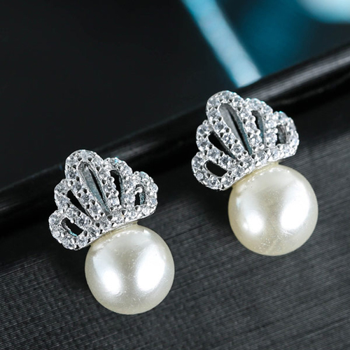 Sweet Silver Color Hollow Out Crown Shape Decorated Pearl Earring
