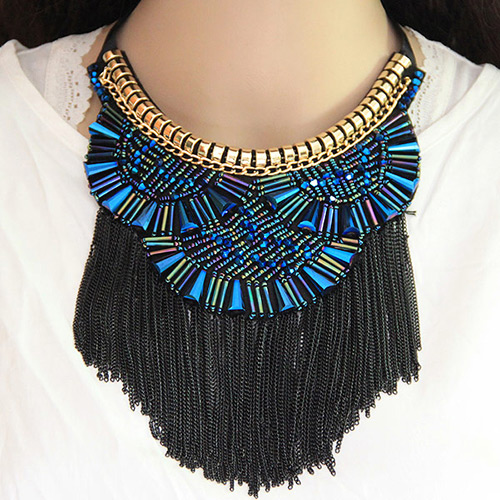 Fashion Blue Matal Tassel Decorated Short Chain Necklace