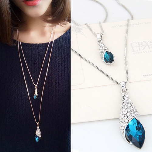 Elegant Blue Oval Shape Pandent Decorated Simple Sweater Necklace