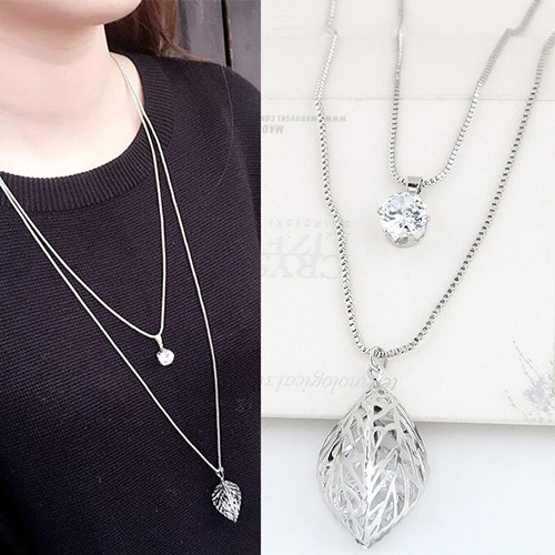 Elegant Silver Color Hollow Out Leaf Pendant Decorated Double Layer Necklace
