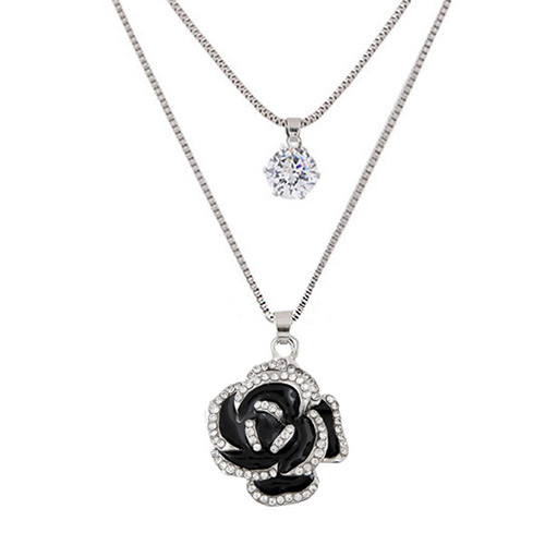 Fashion Silver Color Flower Pendant Decorated Simple Double Layer Necklace