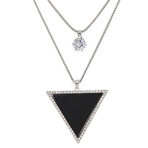 Sweet Black Diamond&triangle Shape Pendant Decorated Double Layer Necklace