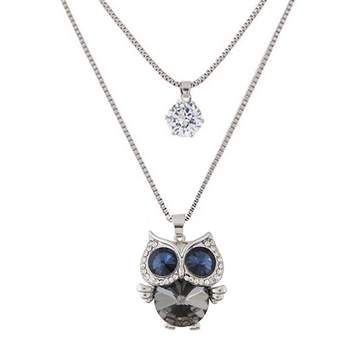 Sweet Blue Diamond&owl Shane Pendant Decorated Double Layer Necklace