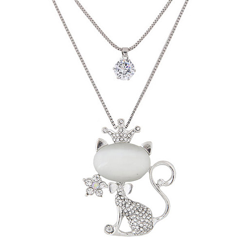Sweet Silver Color Diamond&cat Shane Pendant Decorated Double Layer Necklace