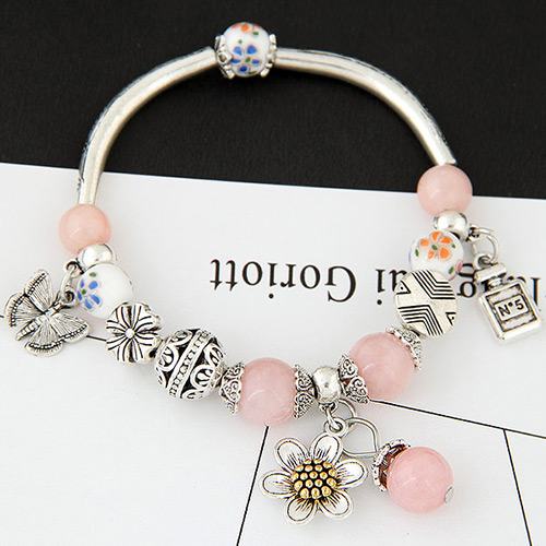 Sweet Pink Butterfly&flower Shape Pendant Decorated Simple Bracelet
