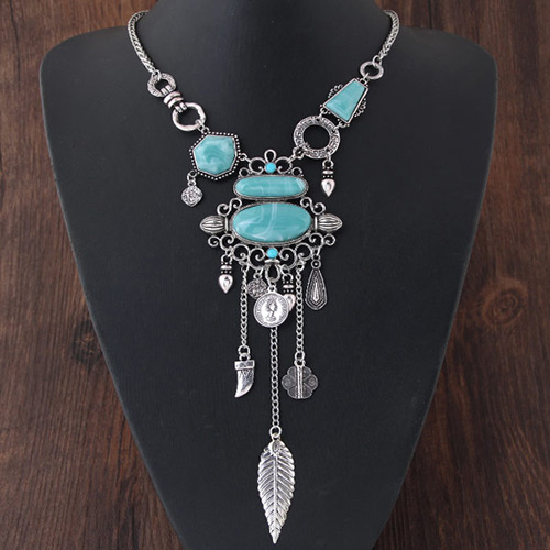 Exaggerated Silver Color Leaf&gemstone Decorated Tassel Short Chain Necklace