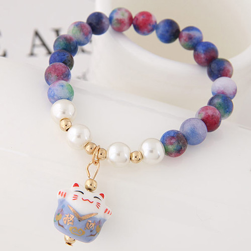 Sweet Dark Blue Cat Shape Pendant Decorated Beads Bracelet