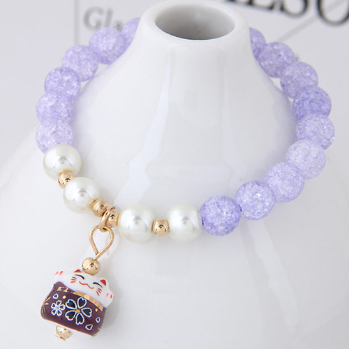 Sweet Light Purple Cat Shape Pendant Decorated Beads Bracelet