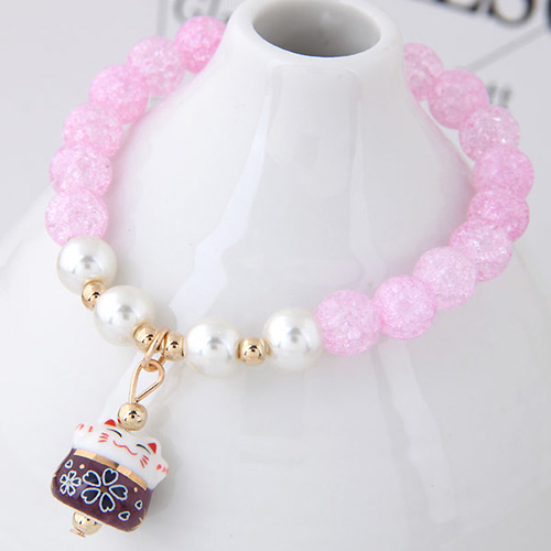 Sweet Light Pink Cat Shape Pendant Decorated Beads Bracelet