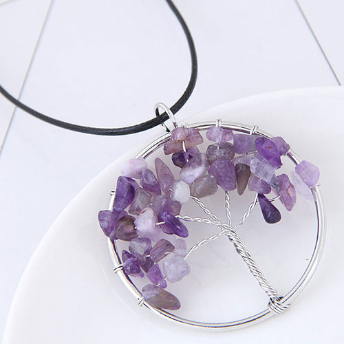 Fashion Light Purple Irregular Shape Gemstone Decorated Tree Shape Simple Necklace