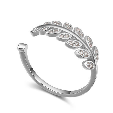 Fashion Silver Color Diamond Decorated Leaf Shape Design Opening Ring