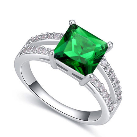Fashion Green Square Shape Diamond Decorated Hollow Out Design Ring