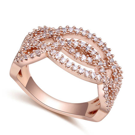 Fashion Rose Gold Round Shape Diamond Decorated Hollow Out Design Ring