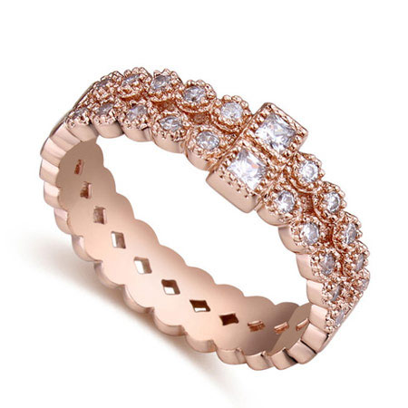 Fashion Rose Gold Square Shape Diamond Decorated Hollow Out Design Double Layer Ring