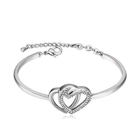 Fashion Silver Color+white Diamond Decorated Hollow Out Double Heart Design Bracelet