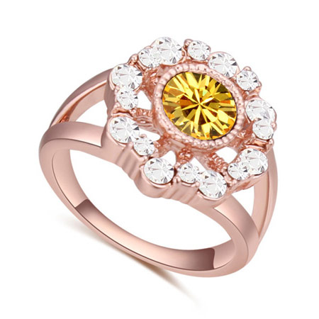 Fashion Rose Gold+yellow Big Round Diamond Decorated Hollow Out Flower Design Ring