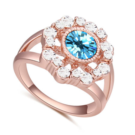 Fashion Rose Gold+blue Big Round Diamond Decorated Hollow Out Flower Design Ring