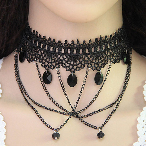Fashion Black Choker Decorated With Chains&beads
