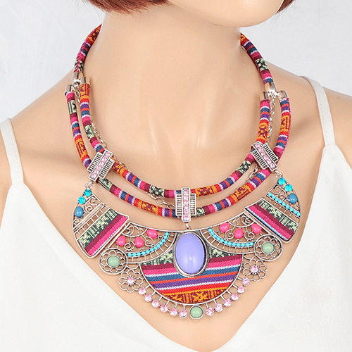 Vintage Multi-color Hollow Out Geometric Shape Decorated Double Layer Necklace