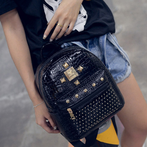Trendy Black Rivet Decorated Lins Shape Design Simple Backpack