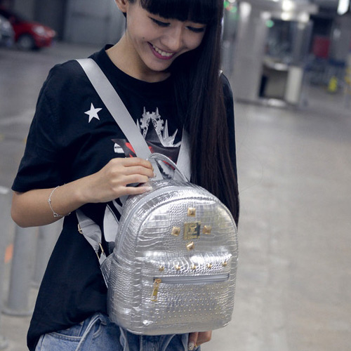 Trendy Silver Color Rivet Decorated Lins Shape Design Simple Backpack