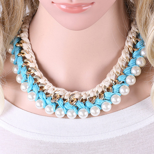Fashion Blue Pearls Decrated Color Matching Hand-woven Short Chian Necklace