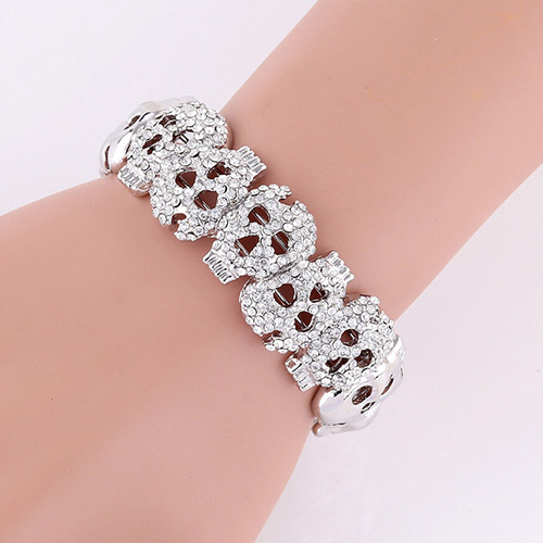 Exaggerated Silver Color Diamond Decorated Hollow Out Skull Shape Bracelet