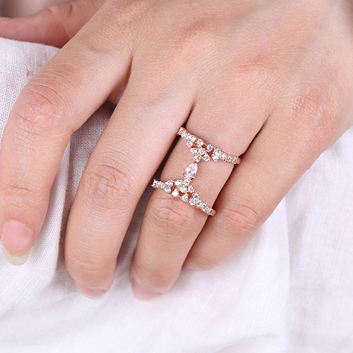Exaggerated Rose Gold Oval Shape Diamond Decorated Double Layer Simple Ring