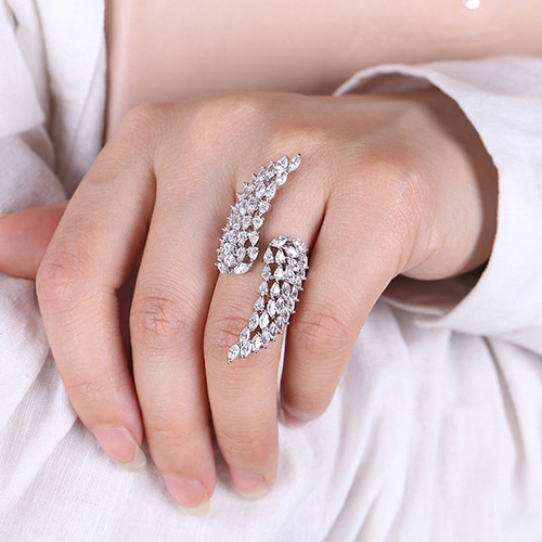Fashion Silver Color Water Drop Diamond Decorated Hollow Out Feather Shape Ring