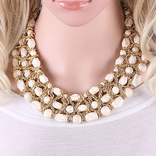 Trendy White Beads Decorated Hollow Out Multi-layer Simple Collar Necklace
