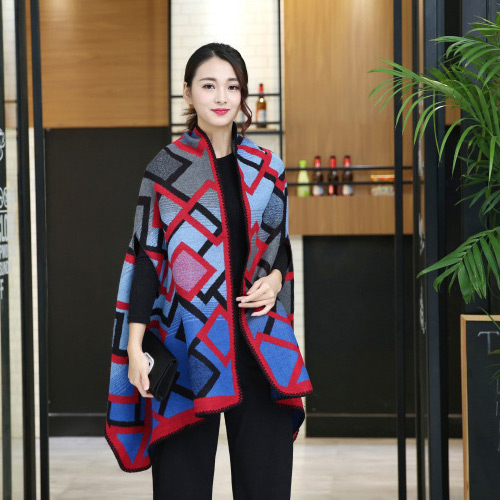 Fashion Red+blue Grid Pattern Decorated Cloak Design Scarf