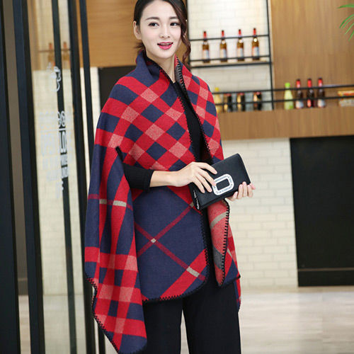 Fashion Red+navy Blue Grid Pattern Decorated Cloak Design Scarf