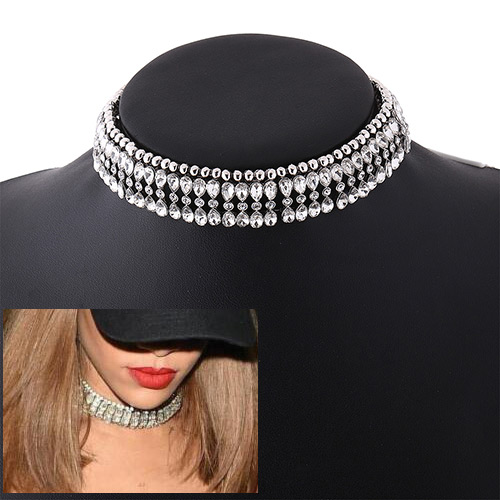 Elegant Anti-silver Double Layer Diamond Decorated Hollow Out Chocker