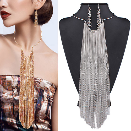 Exaggerated Silver Color Pure Color Chain Decorated Long Tassel Jewelry Sets