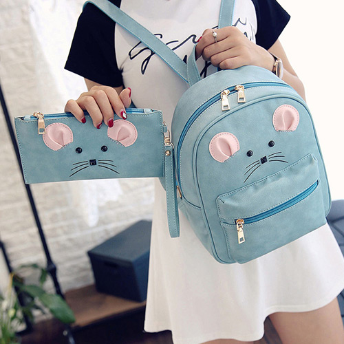 Cute Blue Cartoon Mouse Pattern Decorated Pure Color Backpack(2pcs)