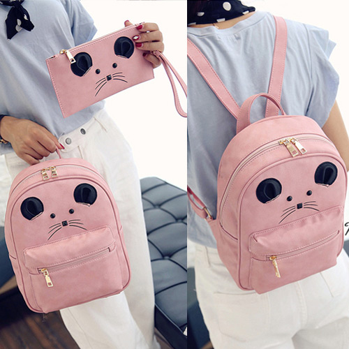 Cute Pink Cartoon Mouse Pattern Decorated Pure Color Backpack(2pcs)