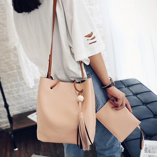 Elegant Pink Tassle Pendant Decorated Bucket Shape Shoulder Bag(2pcs)